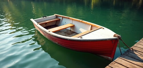 Red and white rowboat tied to wooden dock on calm green water. Small vessel awaits journey, peaceful nature scene. Ideal for travel, leisure, or fishing themes.