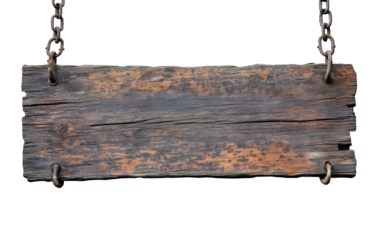 Rustic wooden sign hanging from chains for marketing or advertisement purposes