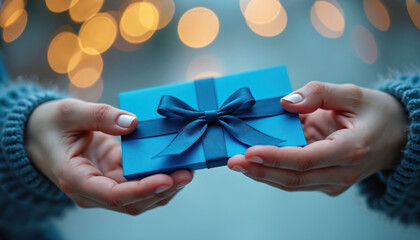 Hands exchange blue gift box with ribbon. Festive lights bokeh background. Offering present, surprise, special occasion, holiday celebration, birthday.