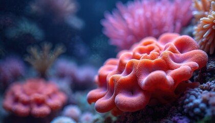 Vibrant red coral grows underwater in deep blue ocean. Colorful marine life forms thrive on seabed creating unique underwater ecosystem. Aquatic nature scene.