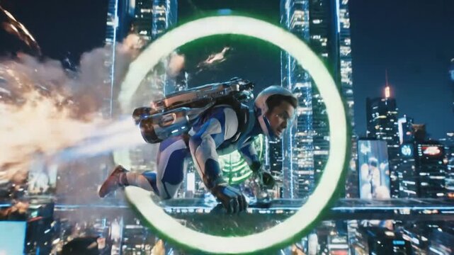 Futuristic jetpack flight through cityscape: woman soars through neon-lit metropolis with a sleek jetpack, navigating past towering skysers and viintimate apparelnt green energy structures.