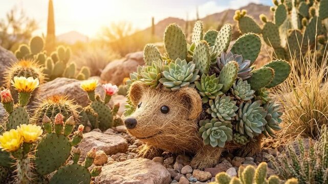 Cactus Hedgehog Succulent Sculpture in Sunny Desert Landscape 3D Render