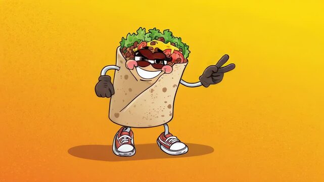 A cartoon burrito character wearing sunglasses and sneakers stands against a vibrant orange background, making a peace sign with its hand.
