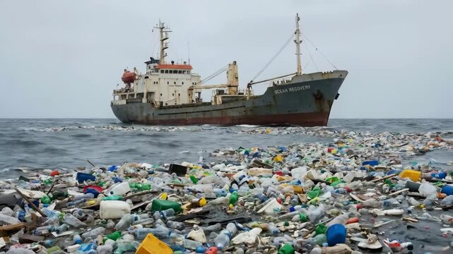 Cargo Ship Ocean Recovery Sails through Great Pacific Garbage Patch Debris
