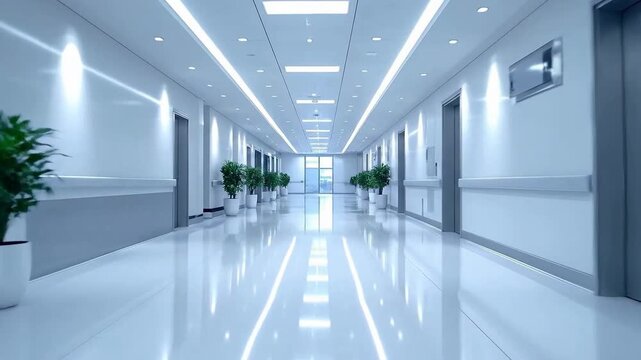 Bright hallway with potted plants and elevators, featuring a clean and minimalist design.