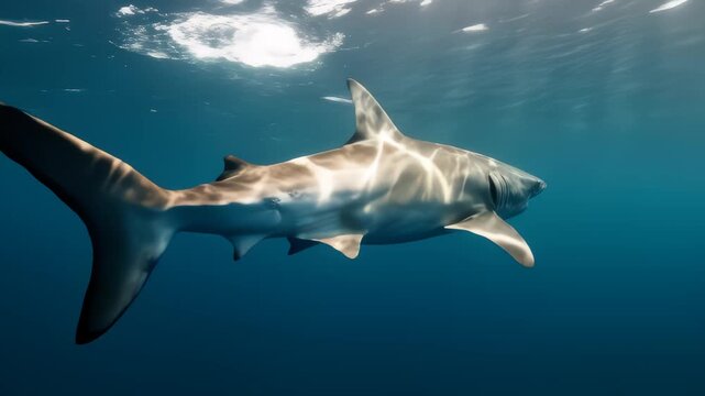 Thresher Shark Glides Through Deep Blue Ocean Waters, Side View