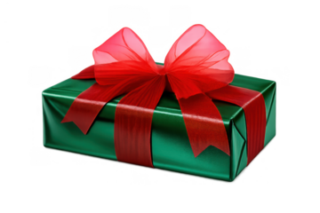Christmas giftbox with green wrapping paper and red ribbon bow, celebrating holidays and special occasions