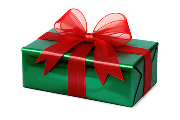 Obraz premium Green gift box with shiny red ribbon bow for christmas and holiday celebrations, adding surprise and joy