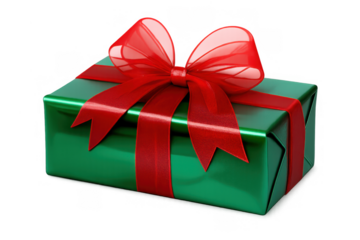 Green gift box with shiny red ribbon bow for christmas and holiday celebrations, adding surprise and joy