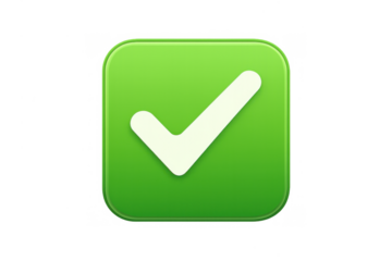 Green glossy checkmark icon confirming validation, approval, and success, isolated on transparent background