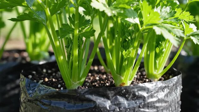 Celery plants in black plastic bags soil visible under bright light