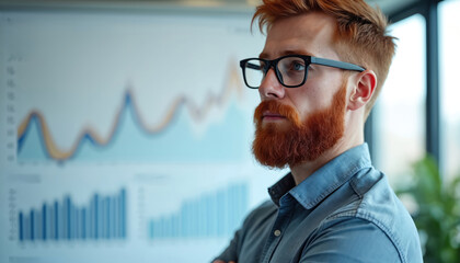 Red haired man in glasses stands before bright screen with graphs, charts. Full beard, crossed arms, looking intently at data presentation. Male pro analyzes business statistics in modern office