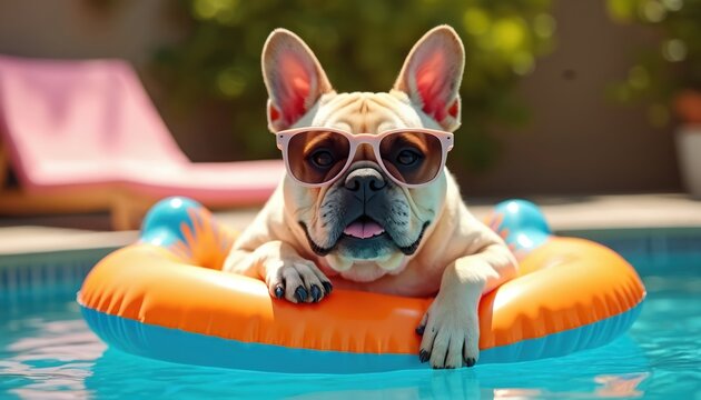 French bulldog with sunglasses rests on orange float in blue swimming pool. Dog enjoys sunny summer day floating on inflatables. Relaxing pet has fun at vacation resort.