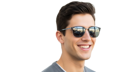 Smiling Young Man in Sunglasses: A close-up shot of a young man with a warm smile, wearing stylish sunglasses. The glasses reflect the surroundings, adding a unique perspective.