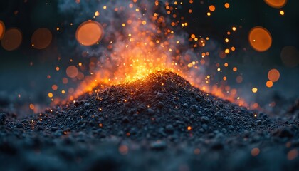 Pile of dark granular material emits bright orange embers and sparks. Smoke drifts upward in a controlled scientific experiment or industrial process, suggesting intense heat and energy.