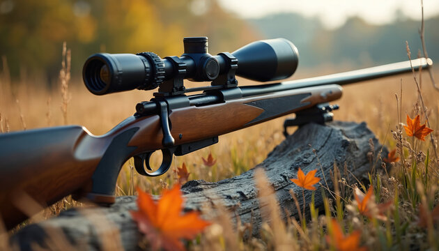 Rifle with scope rests on weathered log in dry grass field. Autumn leaves scatter around the weapon, suggesting hunting season. Outdoor firearm equipment.
