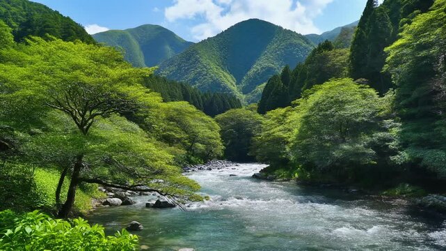 日本の原風景｜山と森に囲まれた清流が流れる静かな自然風景