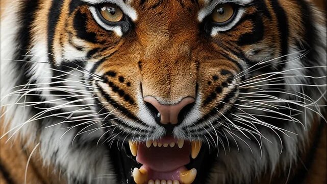 Fierce tiger close up with bared teeth and intense gaze
