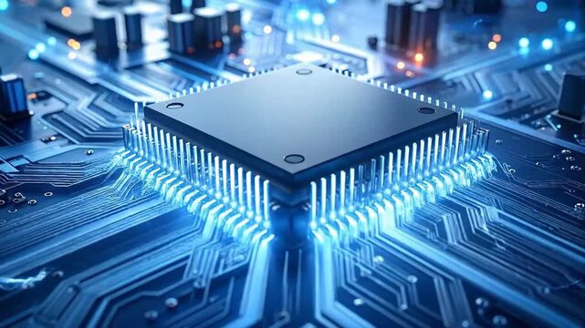 Detailed shot of a glowing computer chip with intricate circuit patterns.