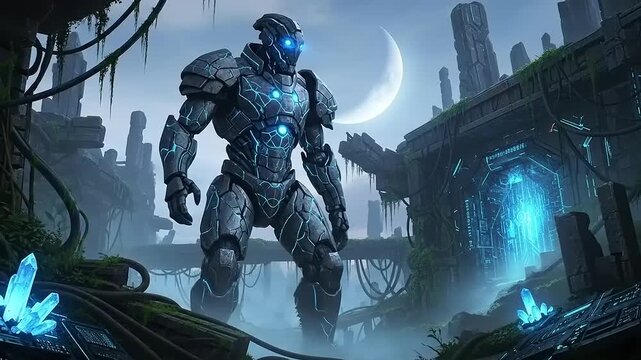 Futuristic Robot Standing in Alien Landscape with Glowing Crystals.