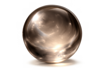 Bronze metallic orb reflecting cosmic light, glowing glossy sphere, 3d digital rendering, transparent background element