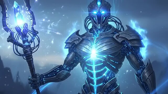 Futuristic Robot Warrior with Glowing Blue Energy Staff.