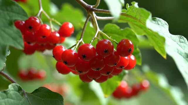 Clusters of shiny round bright red berries hang amid vibrant green leaves on slender stems