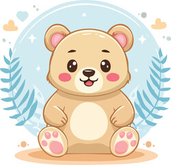 Fototapeta premium Adorable cartoon bear sitting on a white background with blue leaves and stars surrounding it