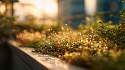 Naklejka premium Sunlight Sparkling on Dew-Covered Greenery in Urban Garden at Sunrise During Early Morning