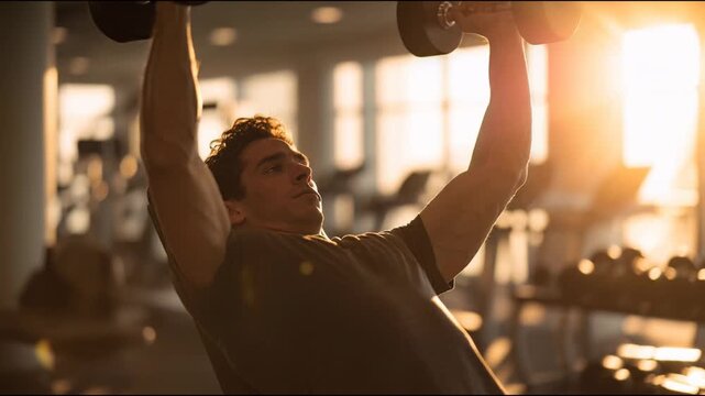Male athlete performs a series of weightlifting exercises with dumbbells in a bright gym, showcasing strength and determination through progressive lifting motions