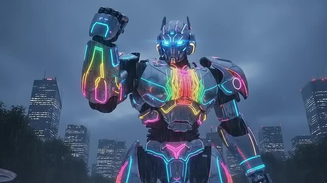 Giant Neon Robot Stands Tall in Futuristic Cityscape at Night.