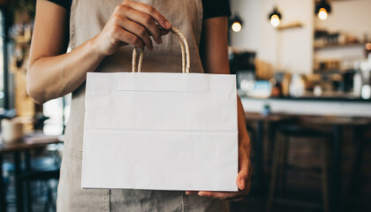 Blank Paper Shopping Bag Held in Cafe Interior