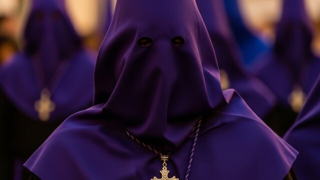 Man in purple pointed hood during Holy Week procession. Traditional catholic religious ceremony for Easter. Nazarene costume, Capirote.