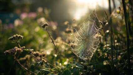 Dew-Kissed Spider Web on Wildflowers in Morning Sunlight Creating a Serene Nature Scene with Warm Glow