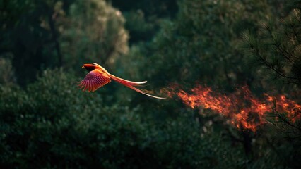 Stunning Scarlet Macaw Soars Gracefully with Fiery Wing Display in Lush Forest Background