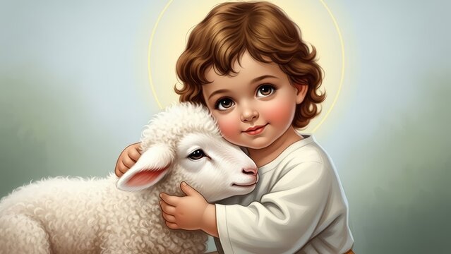 Child Jesus hugging a lamb with halo for religious illustration and Christmas. Christian concept of love, innocence, and divine protection.