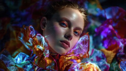 Vibrant Portrait of Woman in Colorful Abstract Lighting with Creative Fashion and Dreamlike Artistic Visuals