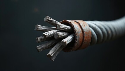 Close-up on frayed metal cable end showing twisted steel strands within rusted casing. Represents wear, failure, industry decay. Useful for concepts like structural integrity loss, aging
