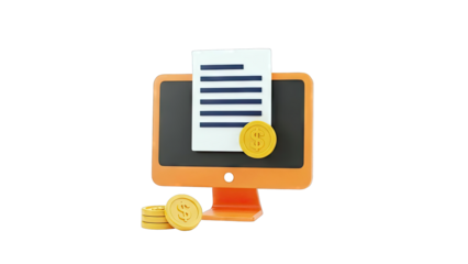 Computer screen with document and dollar coins, 3D render