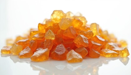 Pile of amber colored rock sugar crystals. Sweet crunchy candy pieces on white reflective surface. Natural dessert ingredient for baking or tea.