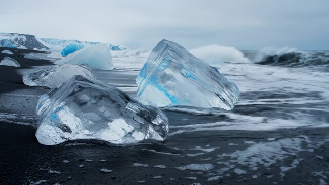 Ice Blocks Resting on Black Sand Beach Under Cloudy Sky
