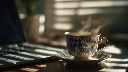 Vintage Porcelain Teacup with Steam in Cozy Morning Light by Window on Wooden Table