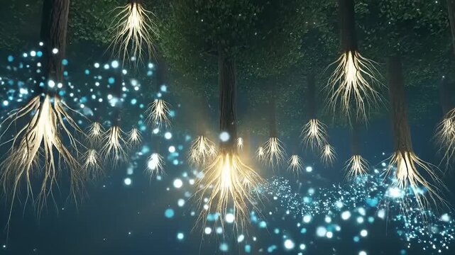 Magical Underwater Forest with Glowing Roots and Bioluminescent Flora.