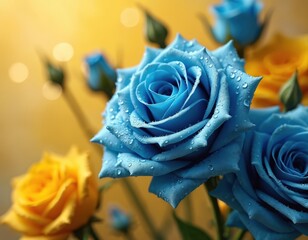 Close up of blue roses with water drops against soft yellow background. Yellow roses, buds blurred in distance, creating dreamy, romantic atmosphere perfect for special occasions artistic themes.