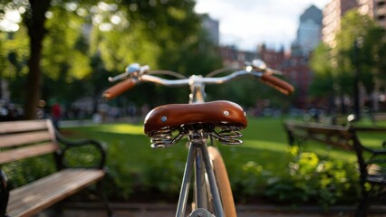 Serene Urban Park Setting with Vintage Bicycle in Focus Amidst Lush Greenery and City Skyline