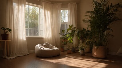 Cozy Minimalist Living Room with Sunlit Indoor Plants and Comfortable Bean Bag Under Soft Draped Curtains