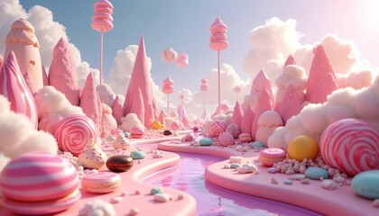 Whimsical candy land scenery with pink mountains, fluffy clouds, and rivers of sweet liquid. Colorful lollipops, macarons, and sweets create a playful dreamlike atmosphere for children.