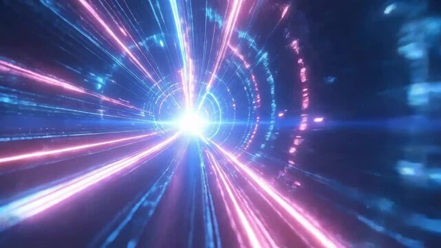 Abstract digital tunnel with pink and blue light streaks converging at a bright point.
