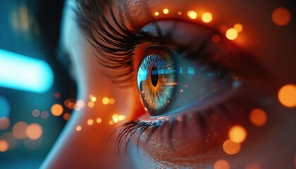 Macro view human eye with glowing orange and blue lights reflects digital data streams. Vision concept shows perception and future tech insights.