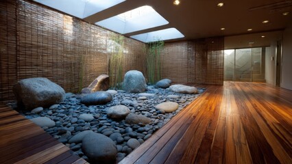 Modern Zen Garden Design with Natural Stone and Wooden Elements in Minimalist Interior Space with Skylight